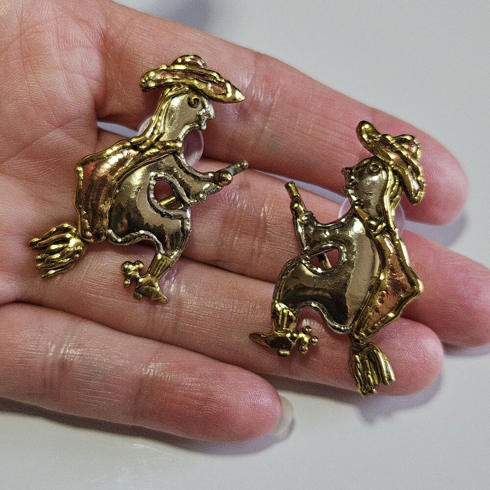 Artisan Mixed Metal Halloween Witch On A Broom Earrings - Picture 2 of 14